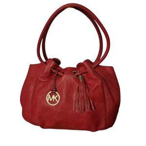 Michael Kors MK Red Shoulder Bag, East West Ring Leather Purse With Gold, Tassel